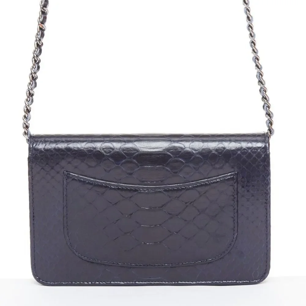 CHANEL Timeless Classic Flap Wallet on Chain navy scaled leather crossbody bag